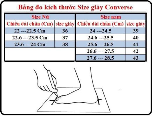size giày converse
